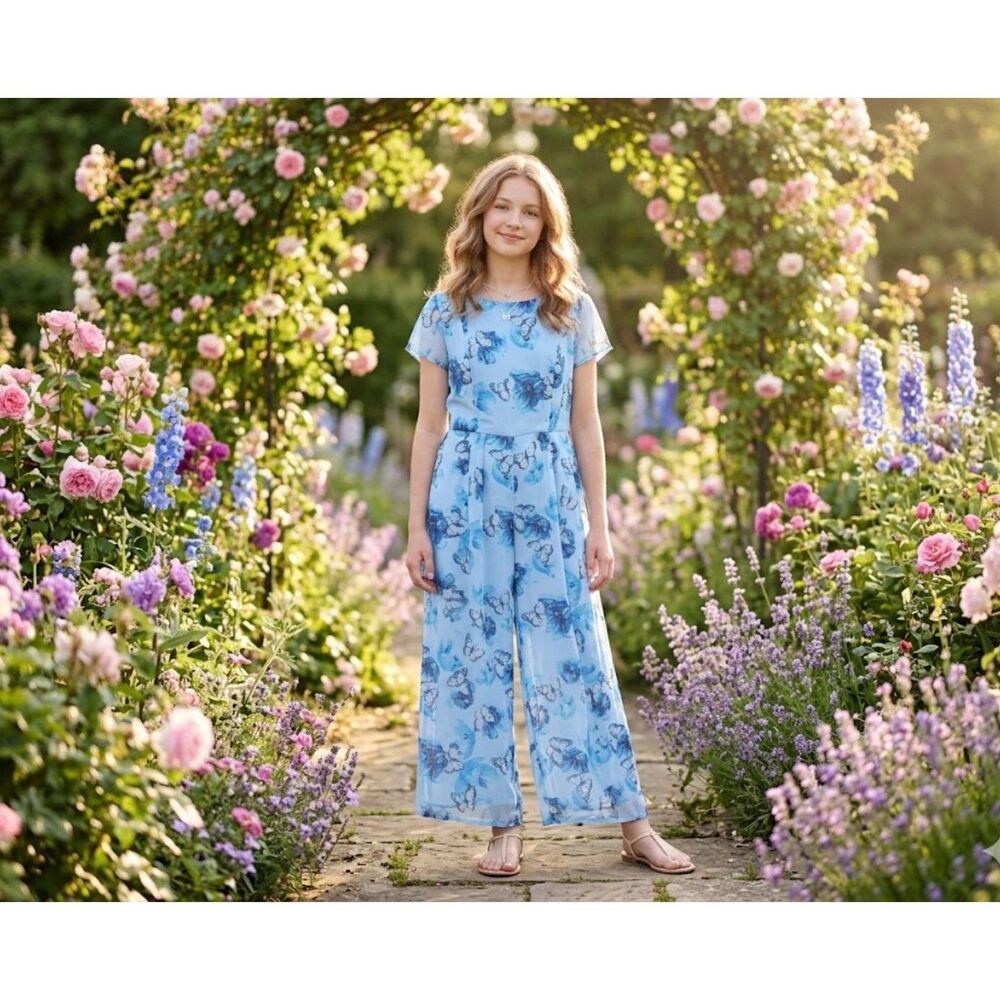 Butterfly Print Jumpsuit XL Blue Wide Leg Sheer Chiffon Ethereal Whimsy